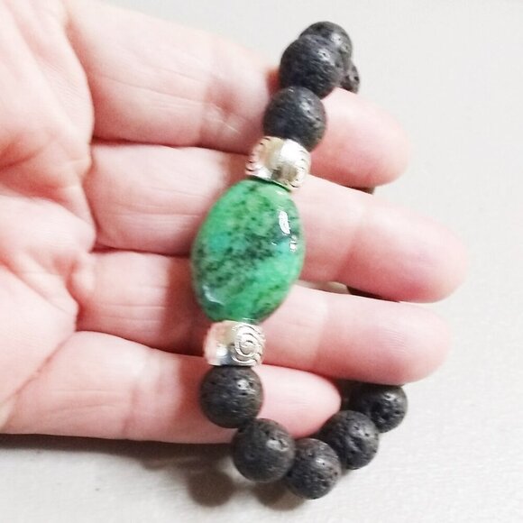 Chrysacolla & Black Lava Rock Bracelet! Thick, Solid & Chunky! Heavy Stone Beads - Picture 2 of 8